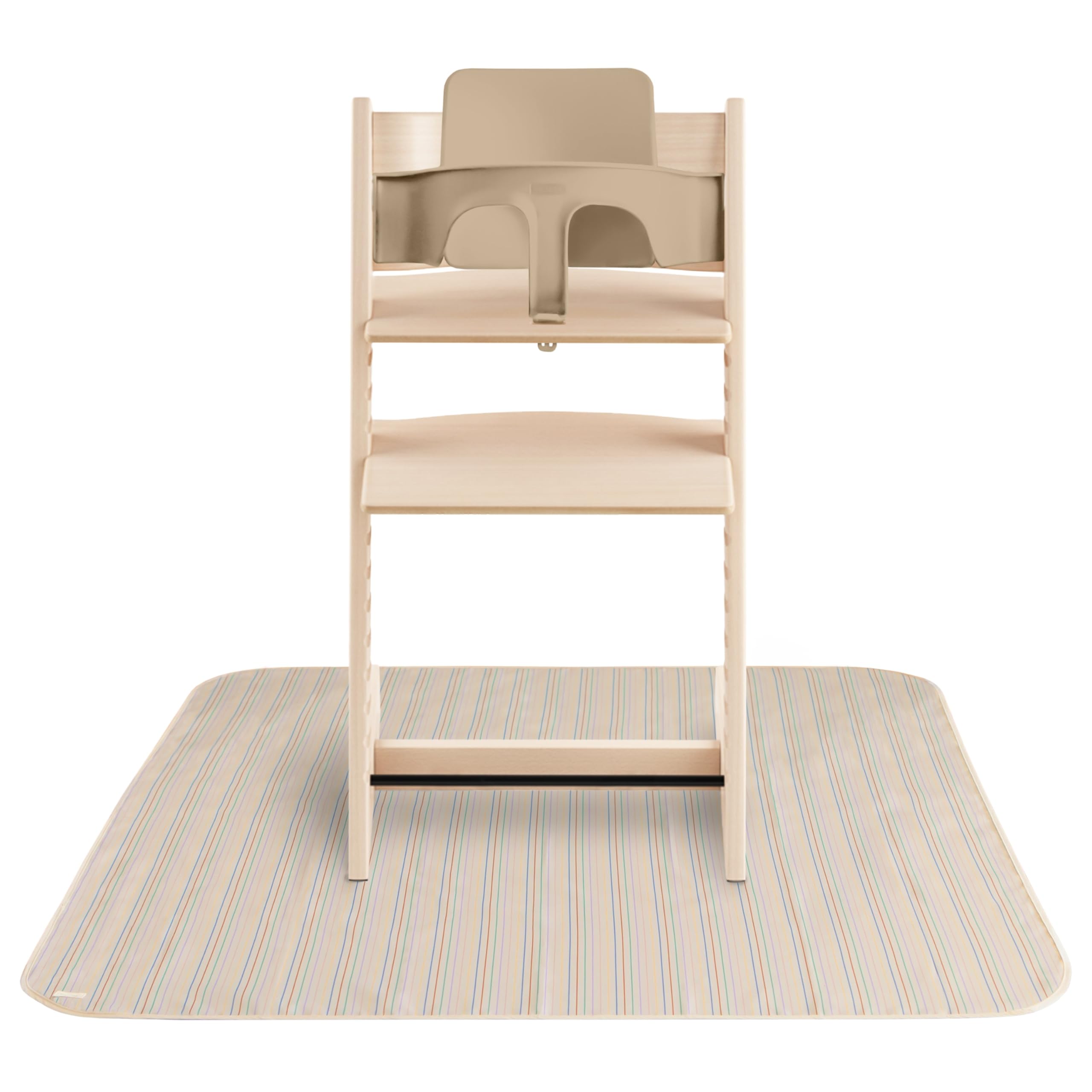 Mushie Baby Splat Mat under high chair protects surfaces during meals
