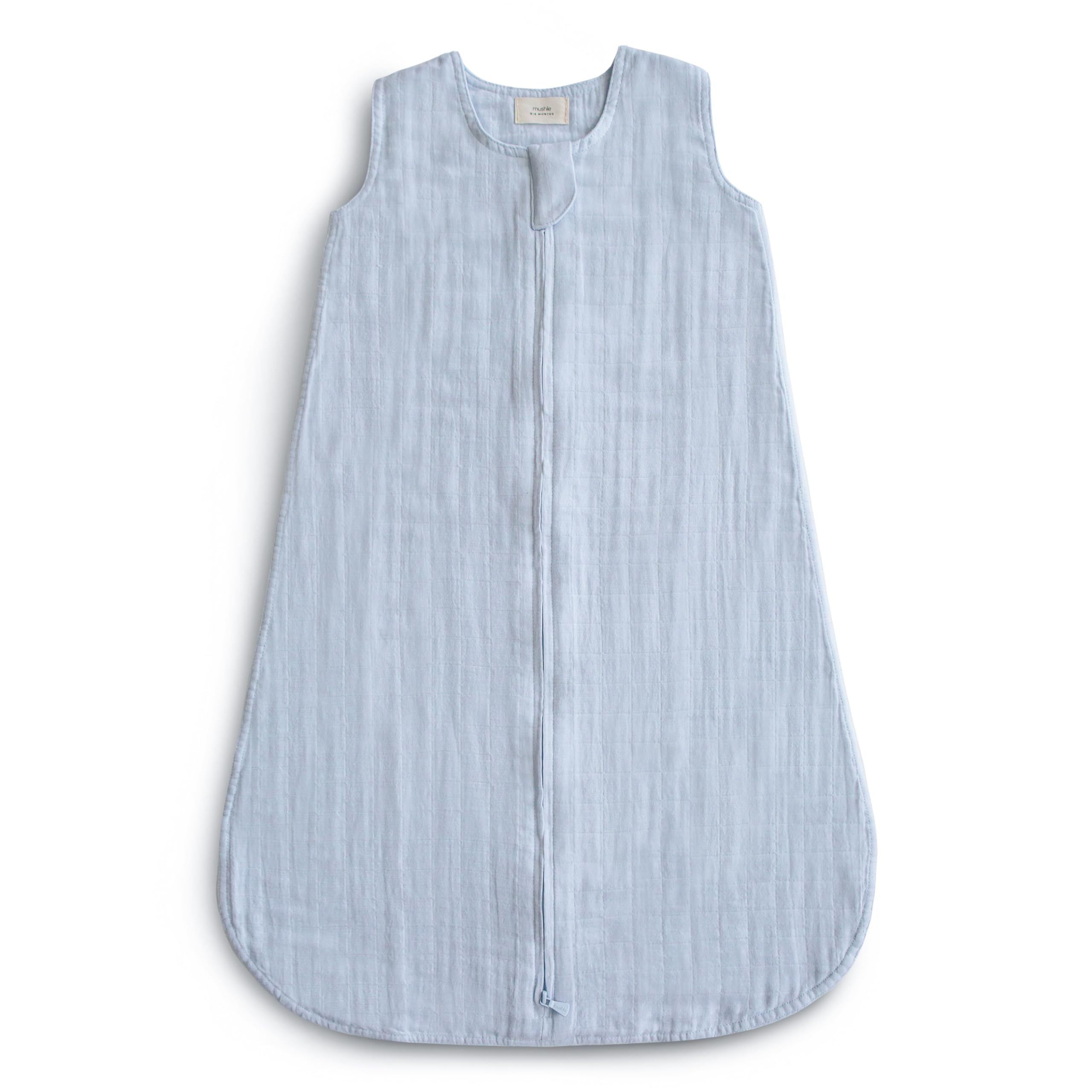 Mushie baby wearable blanket blue fabric close-up highlights breathable organic cotton.