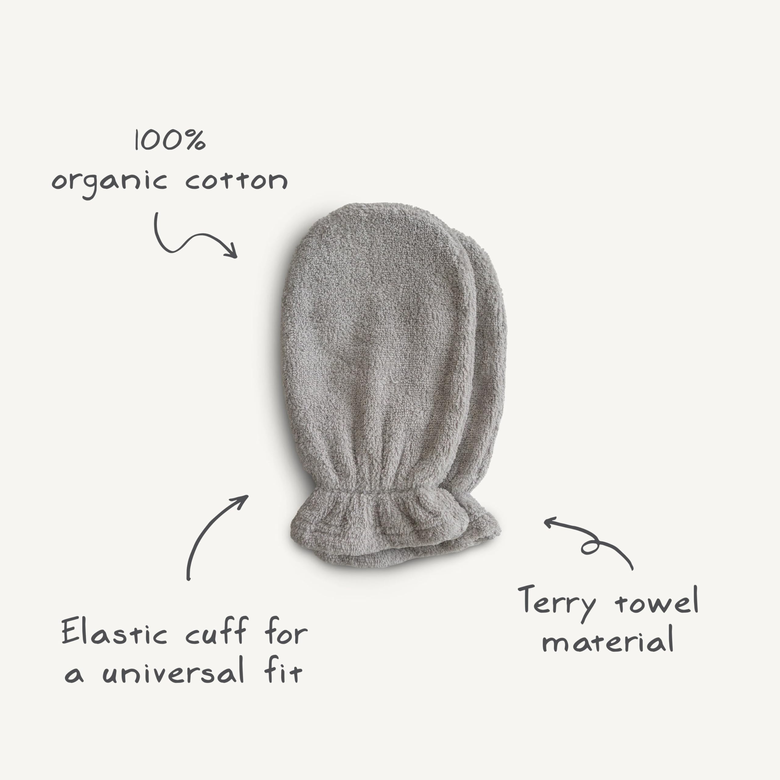 Mushie care instructions for fog bath mitts, machine washable