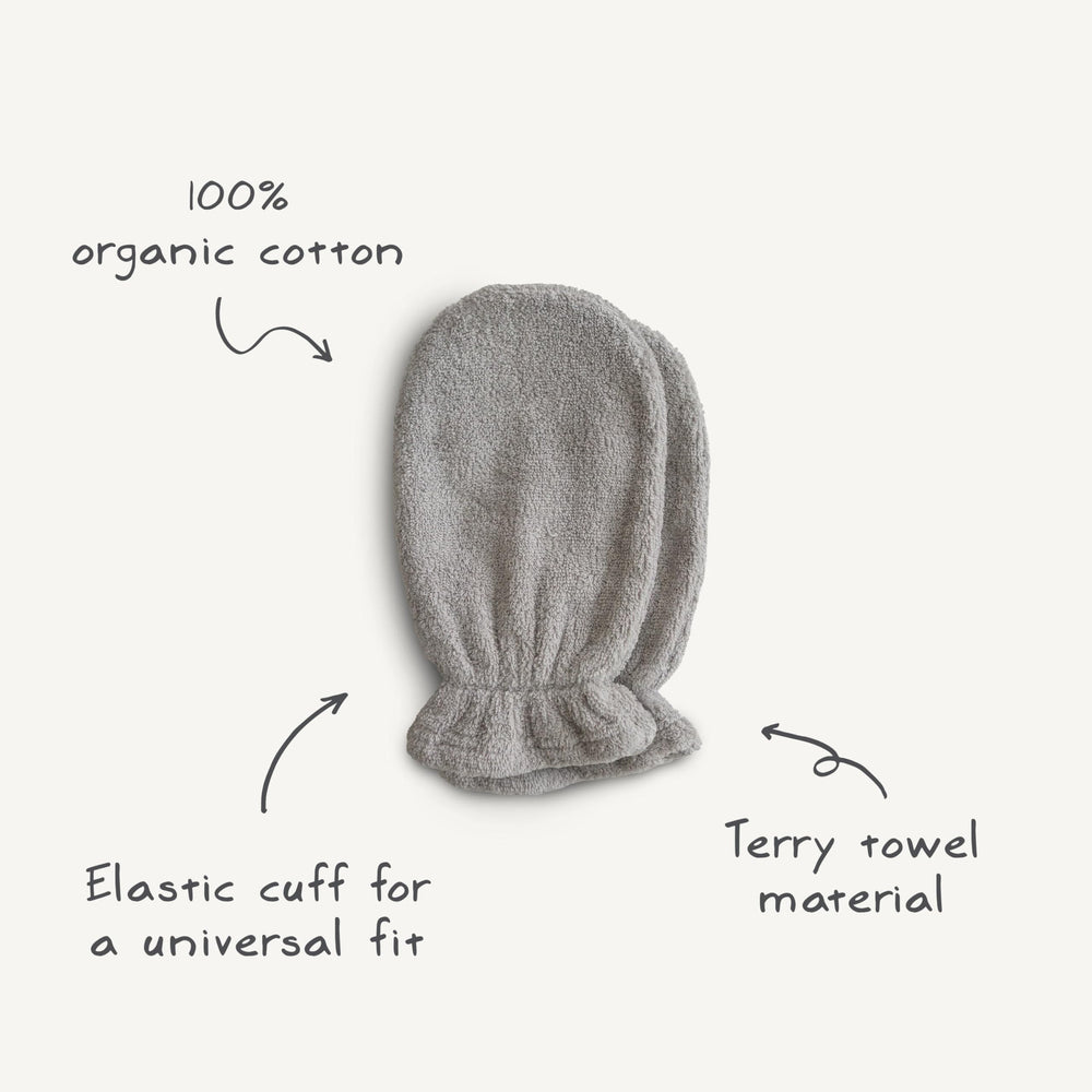 Mushie care instructions for fog bath mitts, machine washable