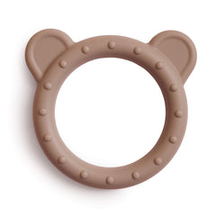 Mushie Bear teether close-up shows silicone texture for soothing gums