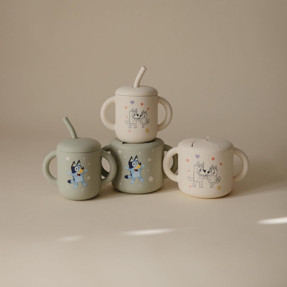 Mushie Bluey mealtime cup suits home, car, and daycare use.
