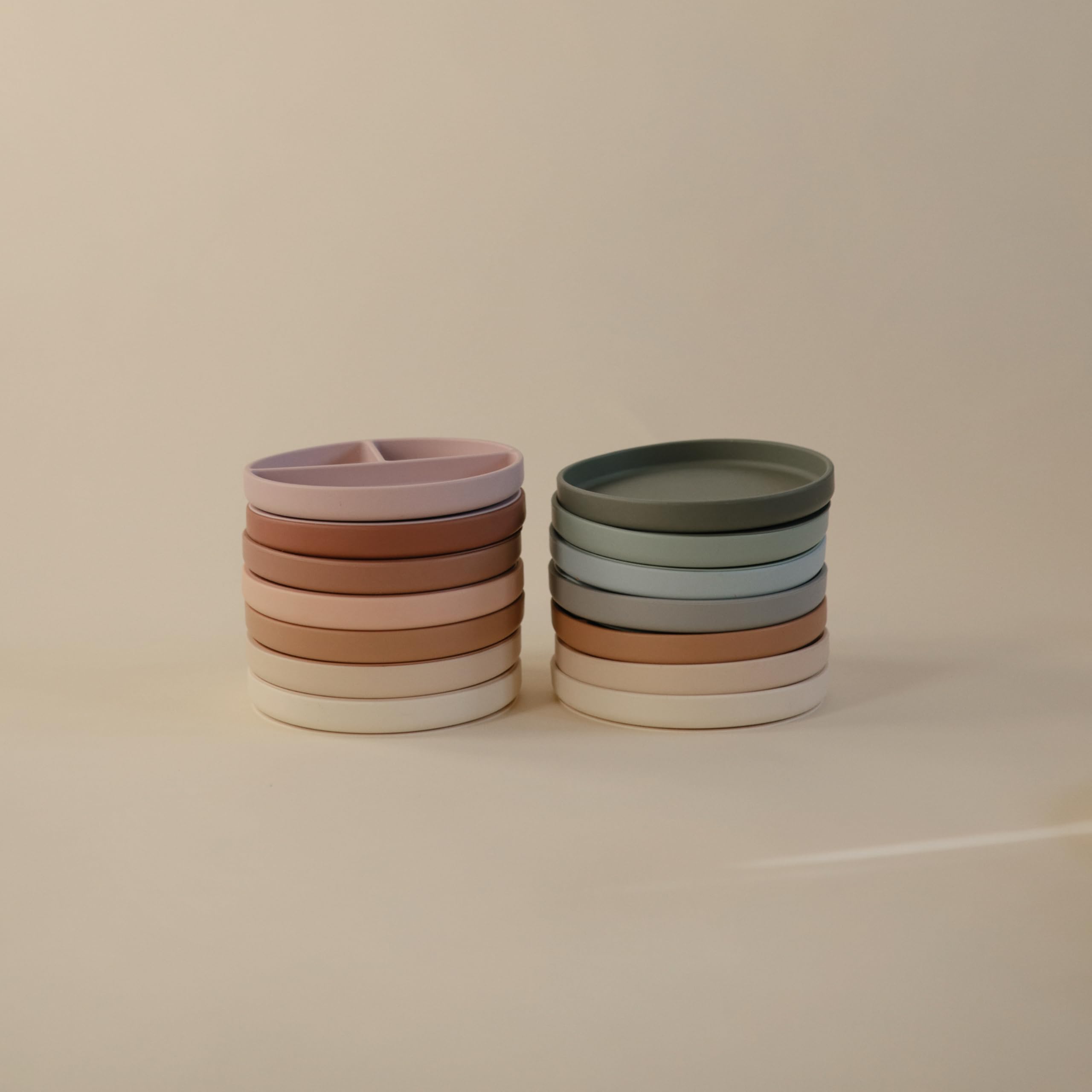Mushie Classic Silicone Suction Plate stone table setting with calm aesthetic.