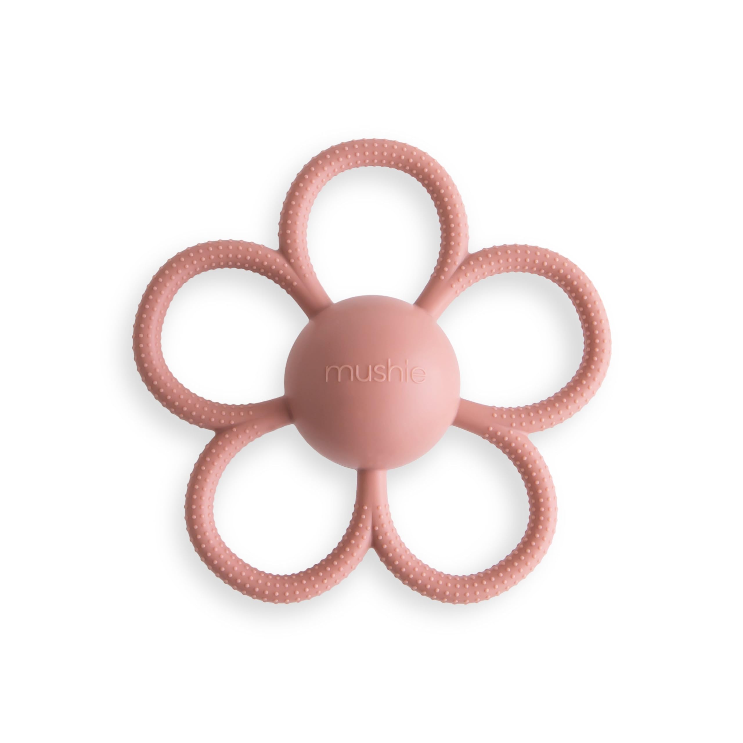 Mushie Daisy Rattle in Dusty Rose close-up showing soft silicone texture for soothing gums.