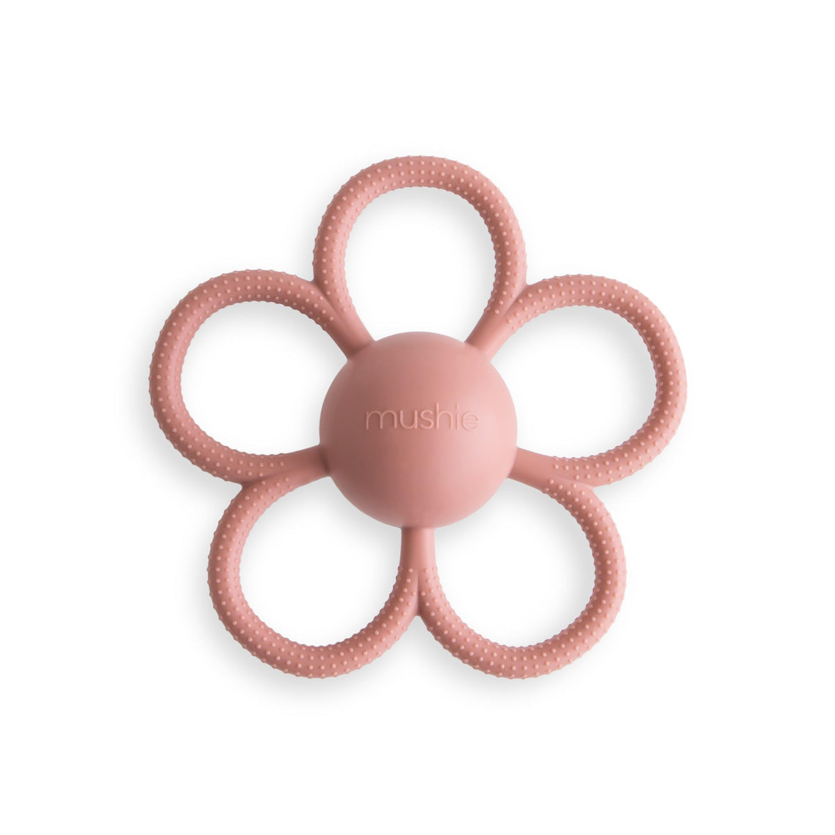 Mushie Daisy Rattle in Dusty Rose close-up showing soft silicone texture for soothing gums.