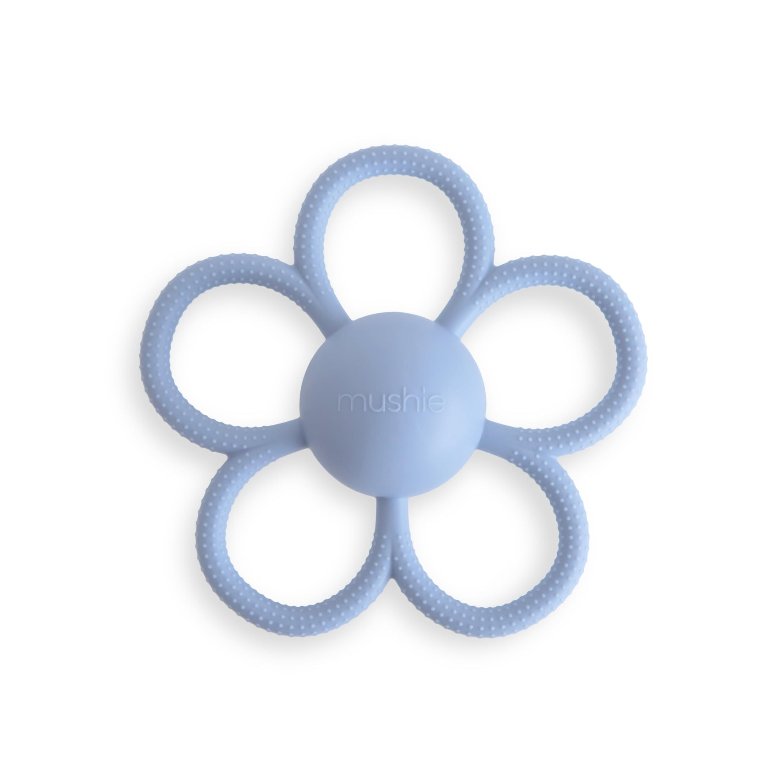Mushie Daisy Rattle Teether in faded denim with textured silicone and built-in rattle