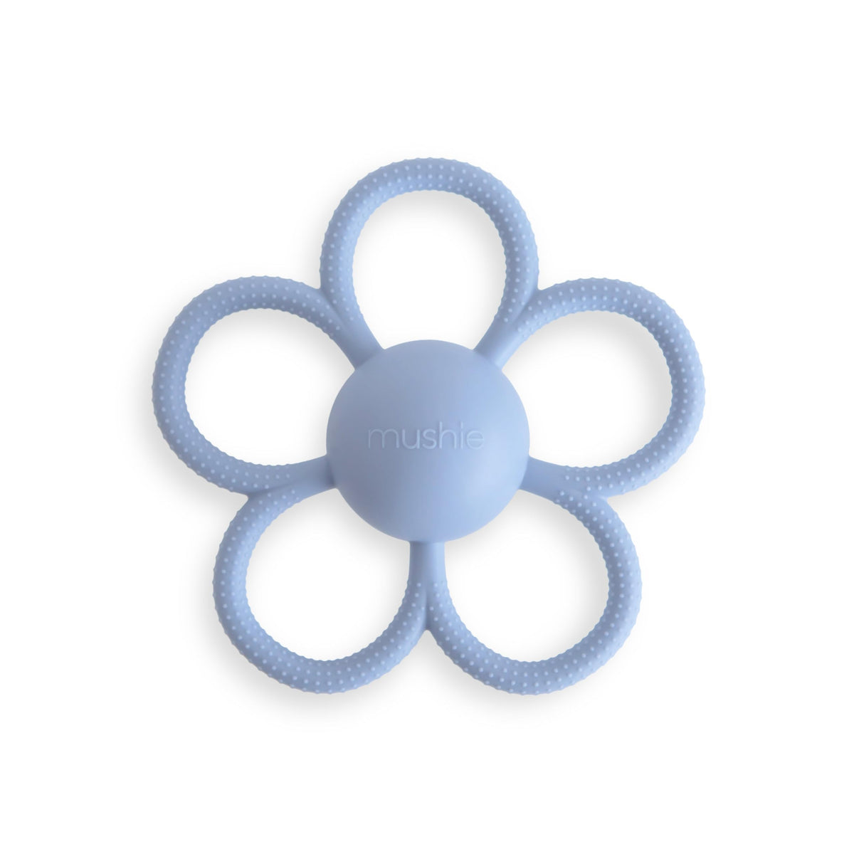 Mushie Daisy Rattle Teether in faded denim with textured silicone and built-in rattle