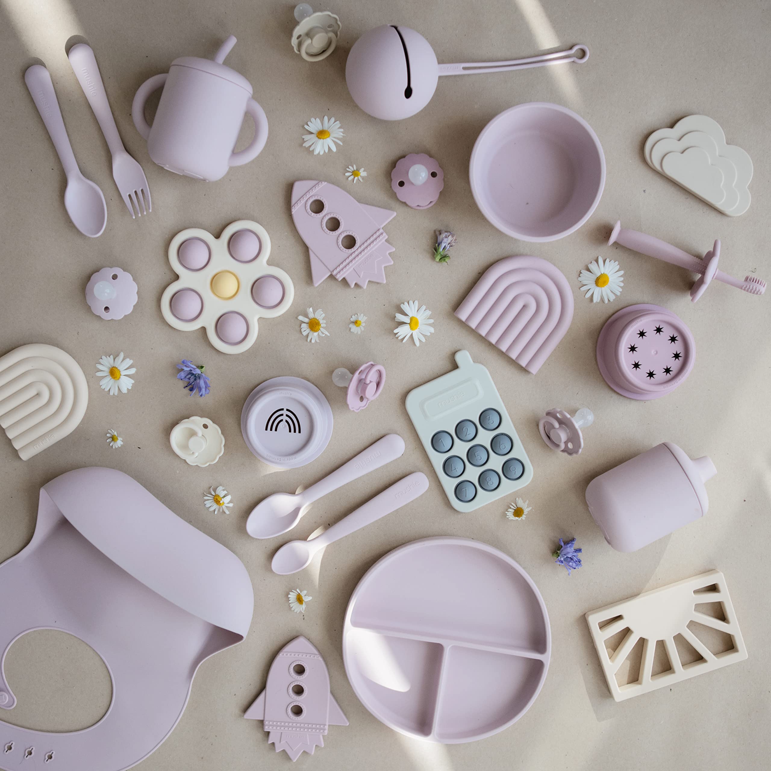 Mushie dishwasher-safe top rack design for easy cleaning after outings