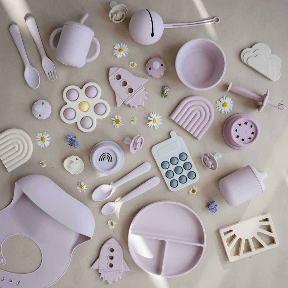 Mushie dishwasher-safe top rack design for easy cleaning after outings