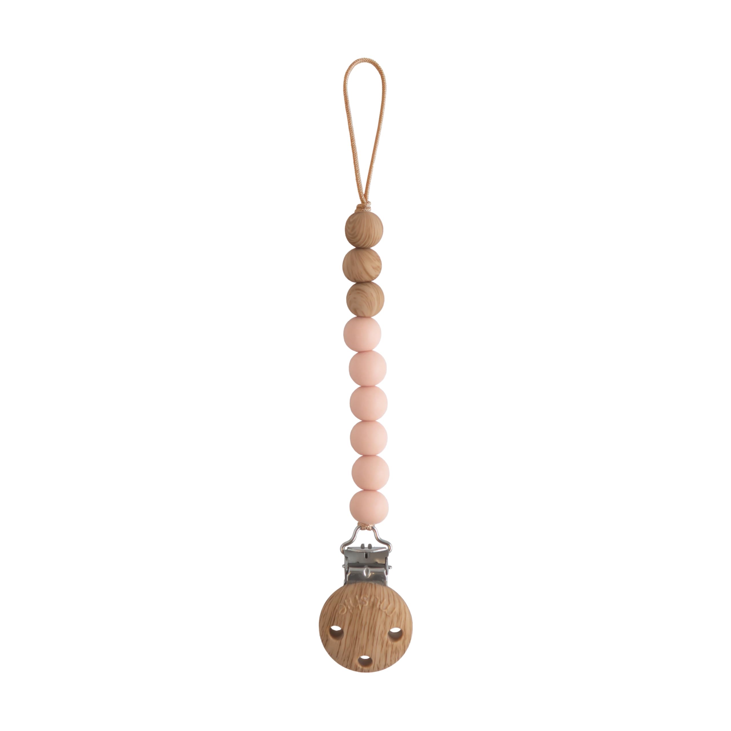 Mushie Eva pacifier clip blush beads keeps pacifier handy on-the-go.