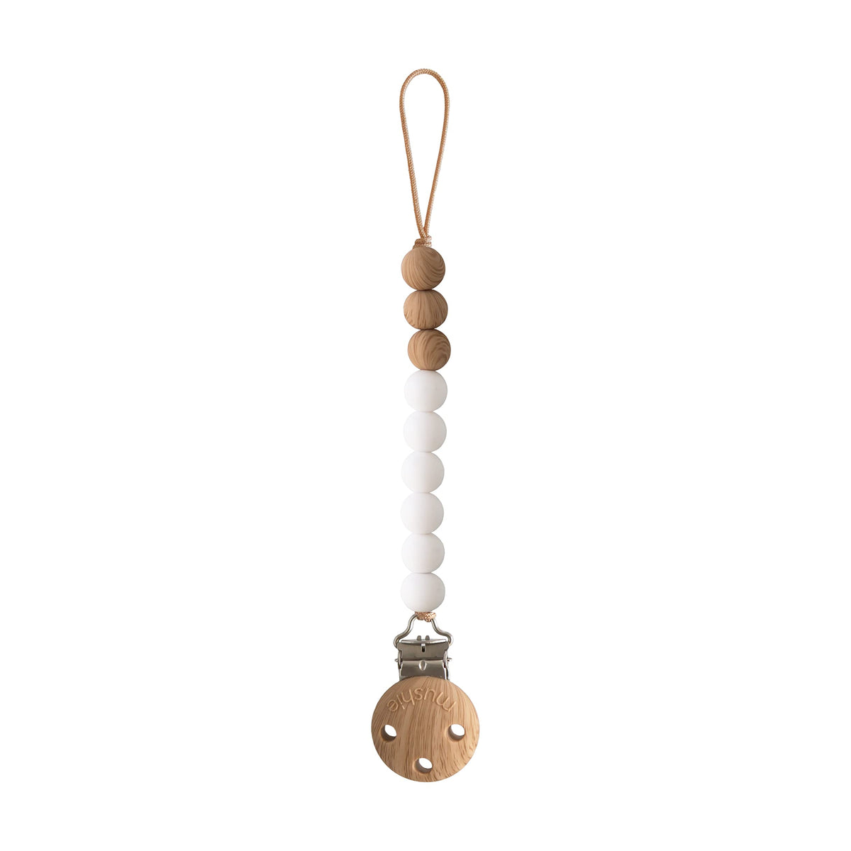 Mushie Eva pacifier clip with silicone beads for on-the-go soothing.