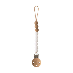 Mushie Eva pacifier clip with silicone beads for on-the-go soothing.