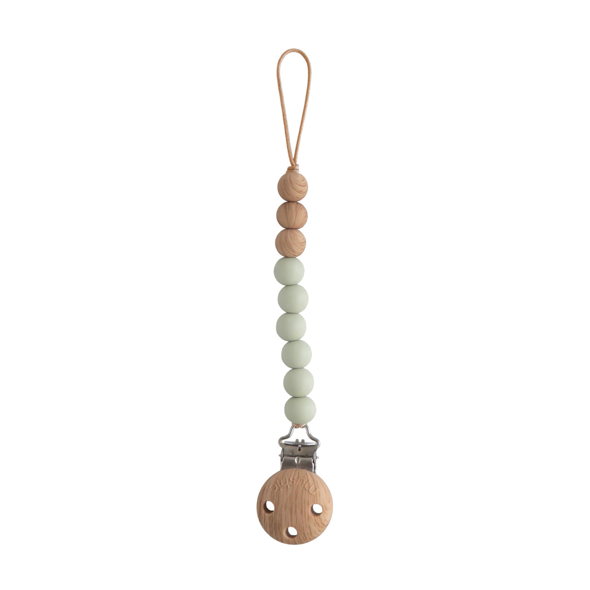 Mushie Eva Sage pacifier clip closeup with silicone beads for mess-free access