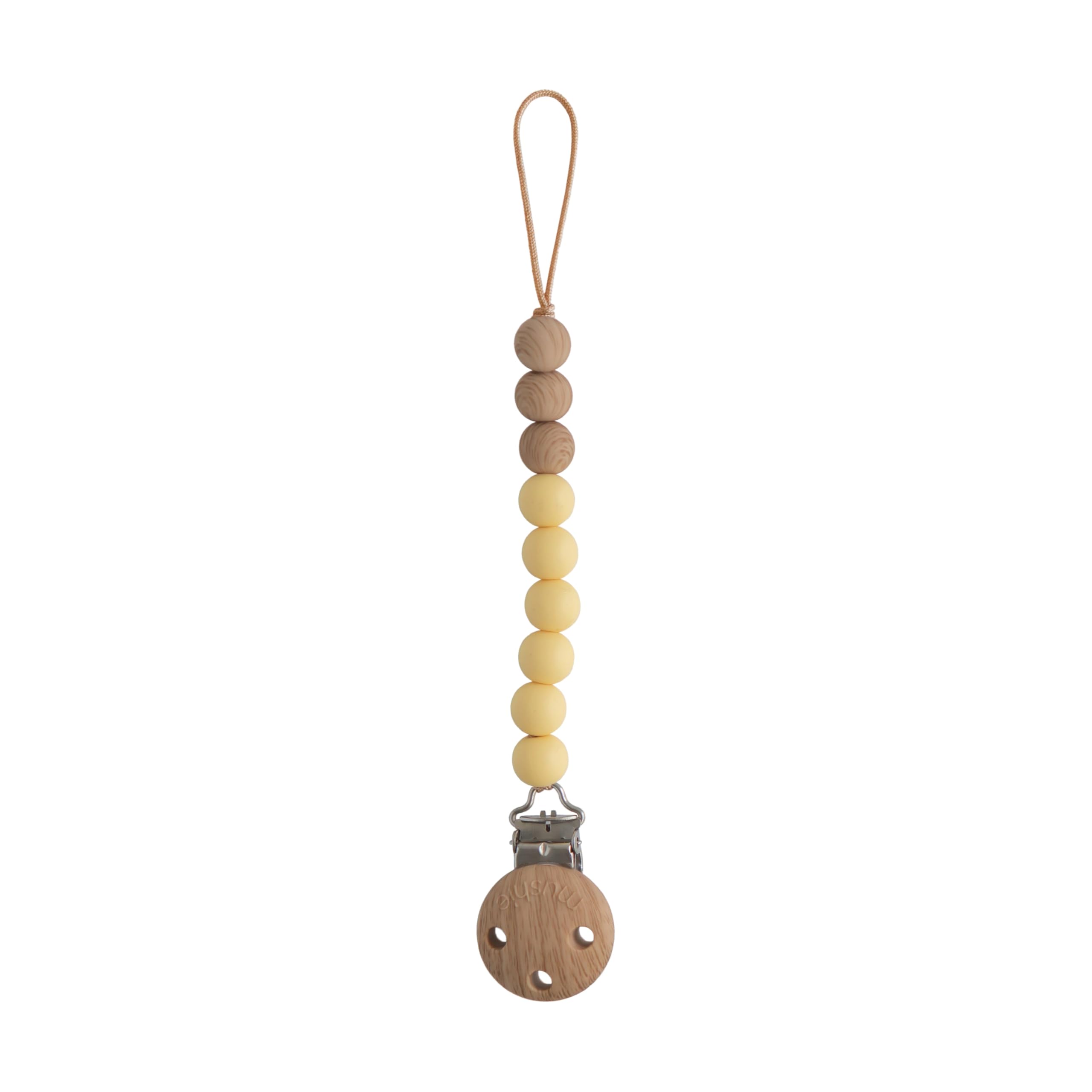 Mushie Eva silicone pacifier clip with wood clasp keeps pacifier secure and accessible