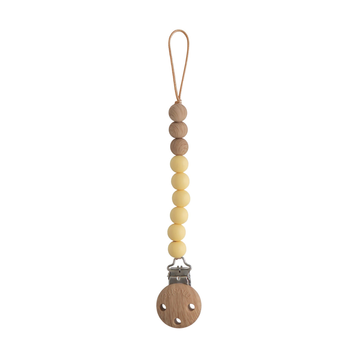 Mushie Eva silicone pacifier clip with wood clasp keeps pacifier secure and accessible