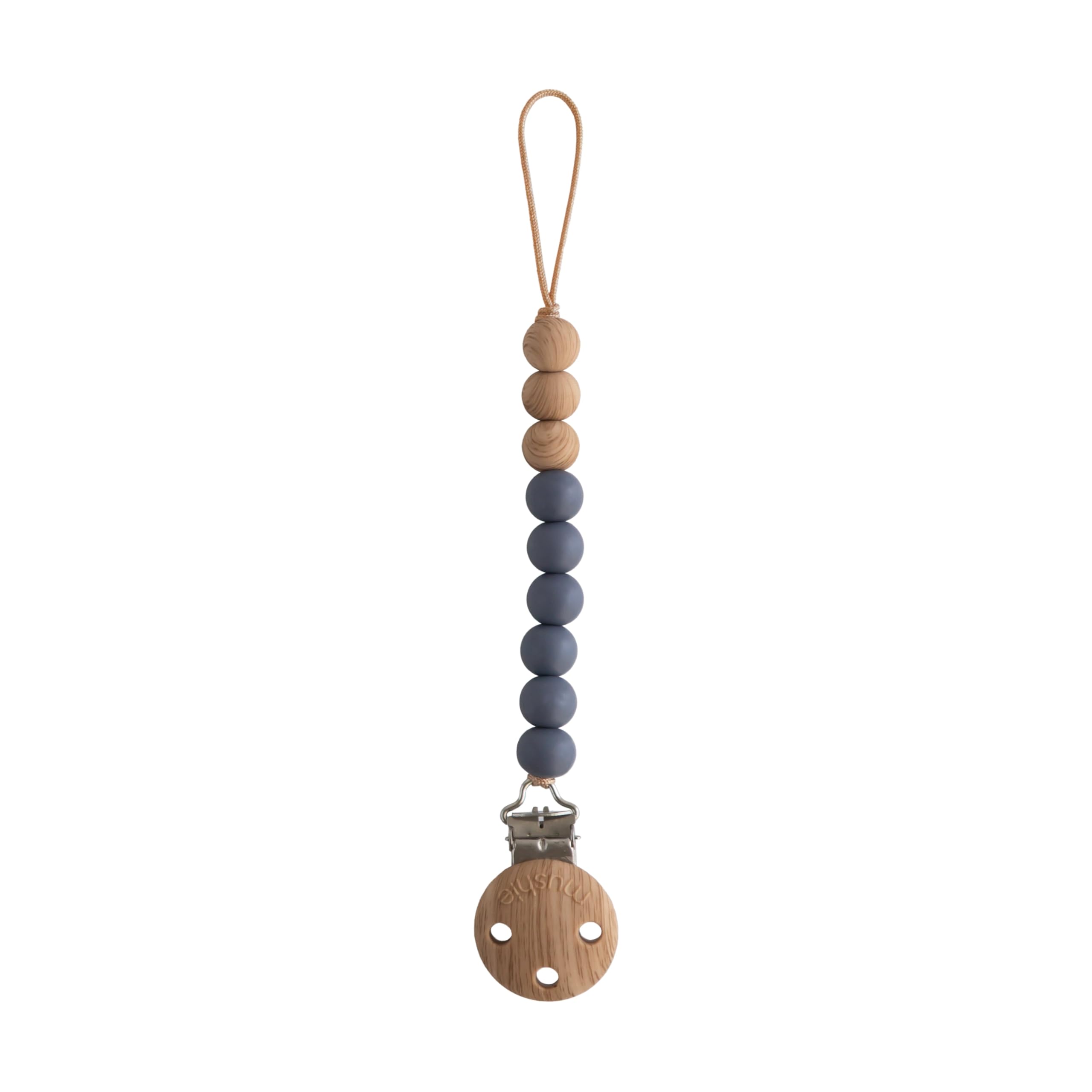 Mushie Eva silicone pacifier clip showing durable beads and safe, food-grade material
