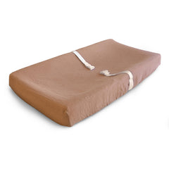 Mushie extra-soft muslin changing pad cover in natural color, breathable for baby comfort