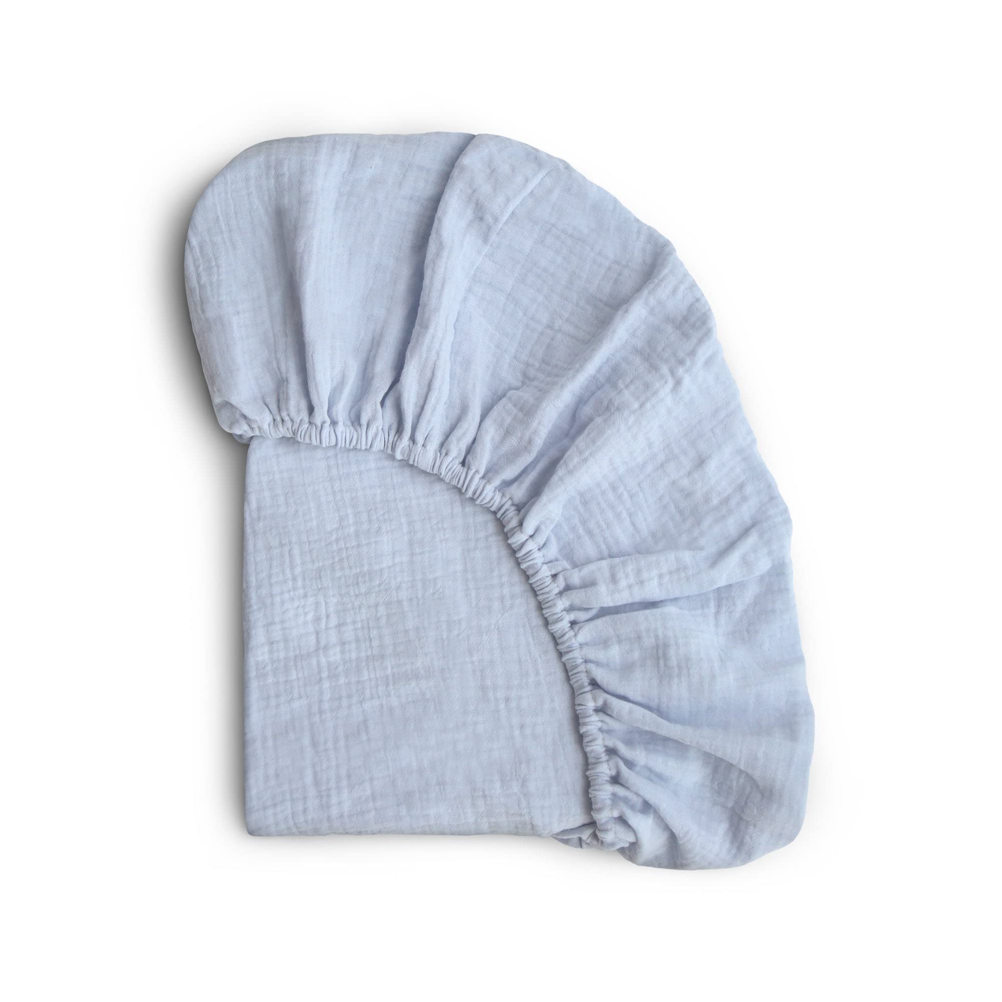 Mushie extra-soft muslin Mini crib sheet baby blue top view for cozy nights