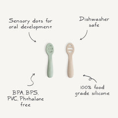 Close-up of Mushie silicone spoon, showcasing soft, gum-friendly material.