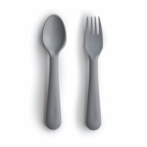 Mushie fork in smoke color with child-friendly grip for easy mealtimes
