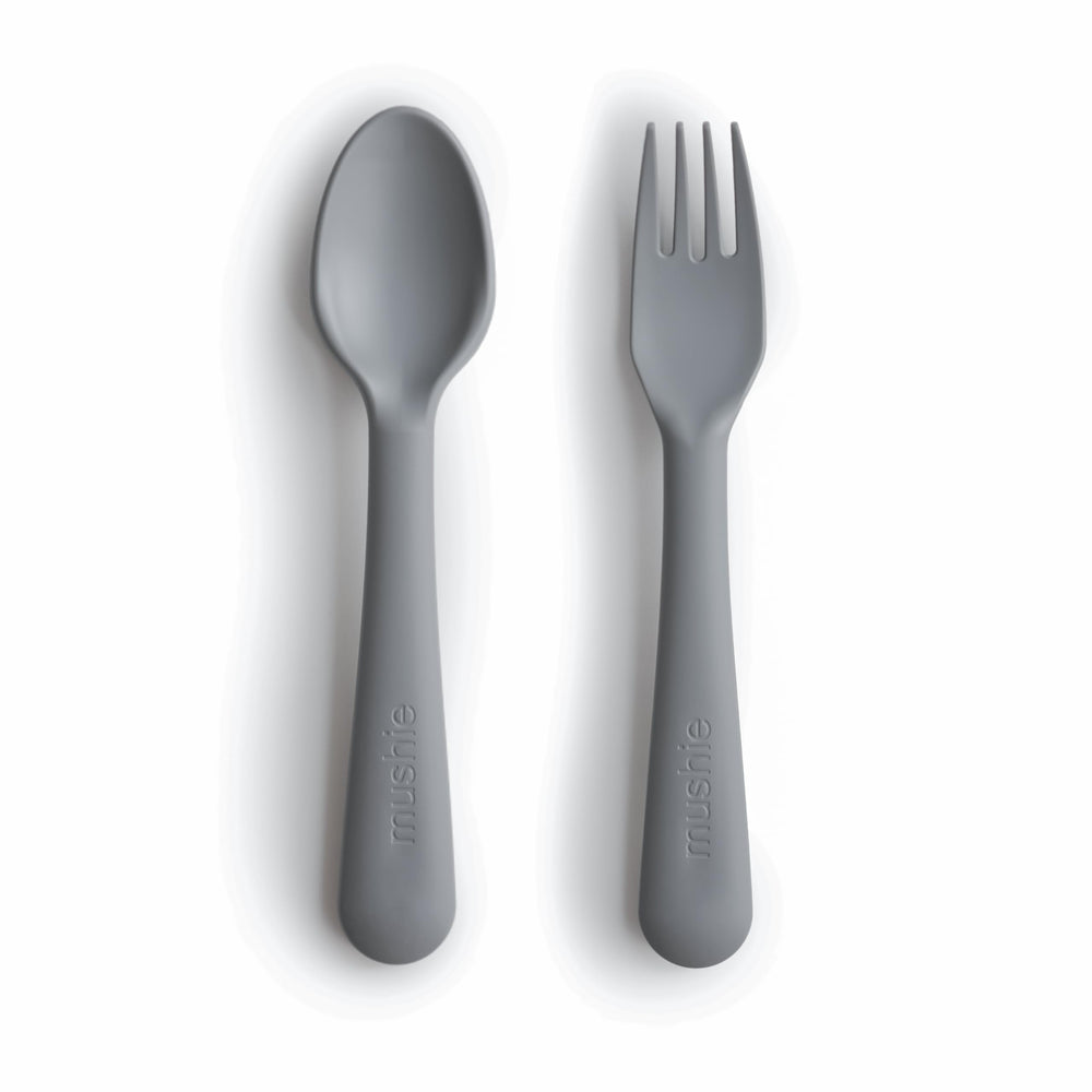 Mushie fork in smoke color with child-friendly grip for easy mealtimes