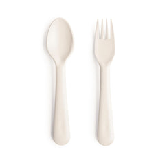 Mushie ivory flatware set for kids with easy-to-hold fork and spoon.