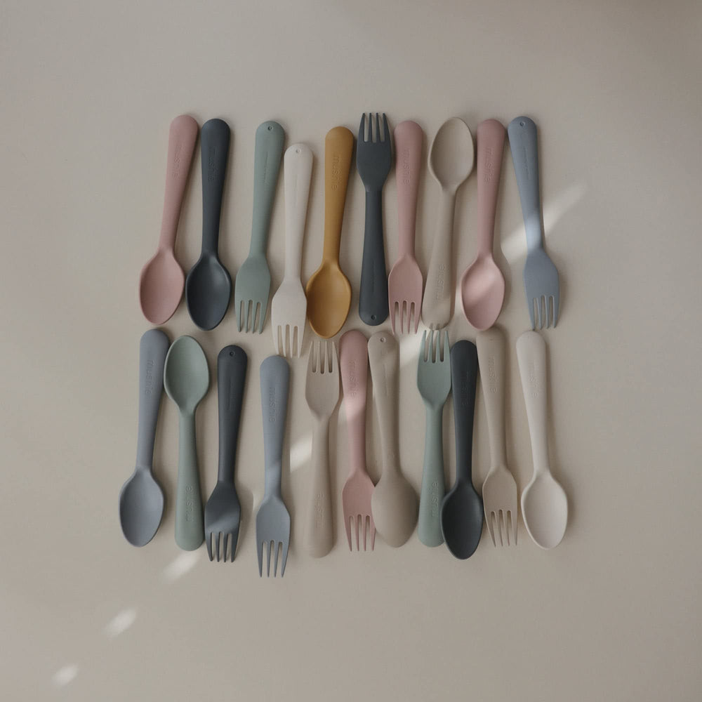 Mushie ivory flatware is microwave-safe for quick reheats.