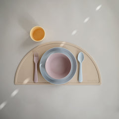 Mushie flatware spoon in powder blue close-up with safe, rounded tip.