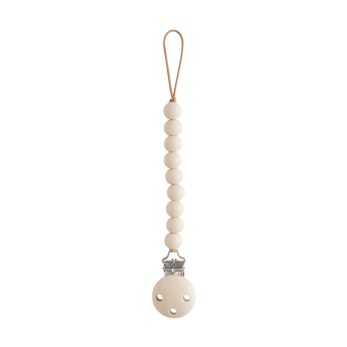 Mushie Hera pacifier clip with beaded stack keeps pacifier secure during outings.