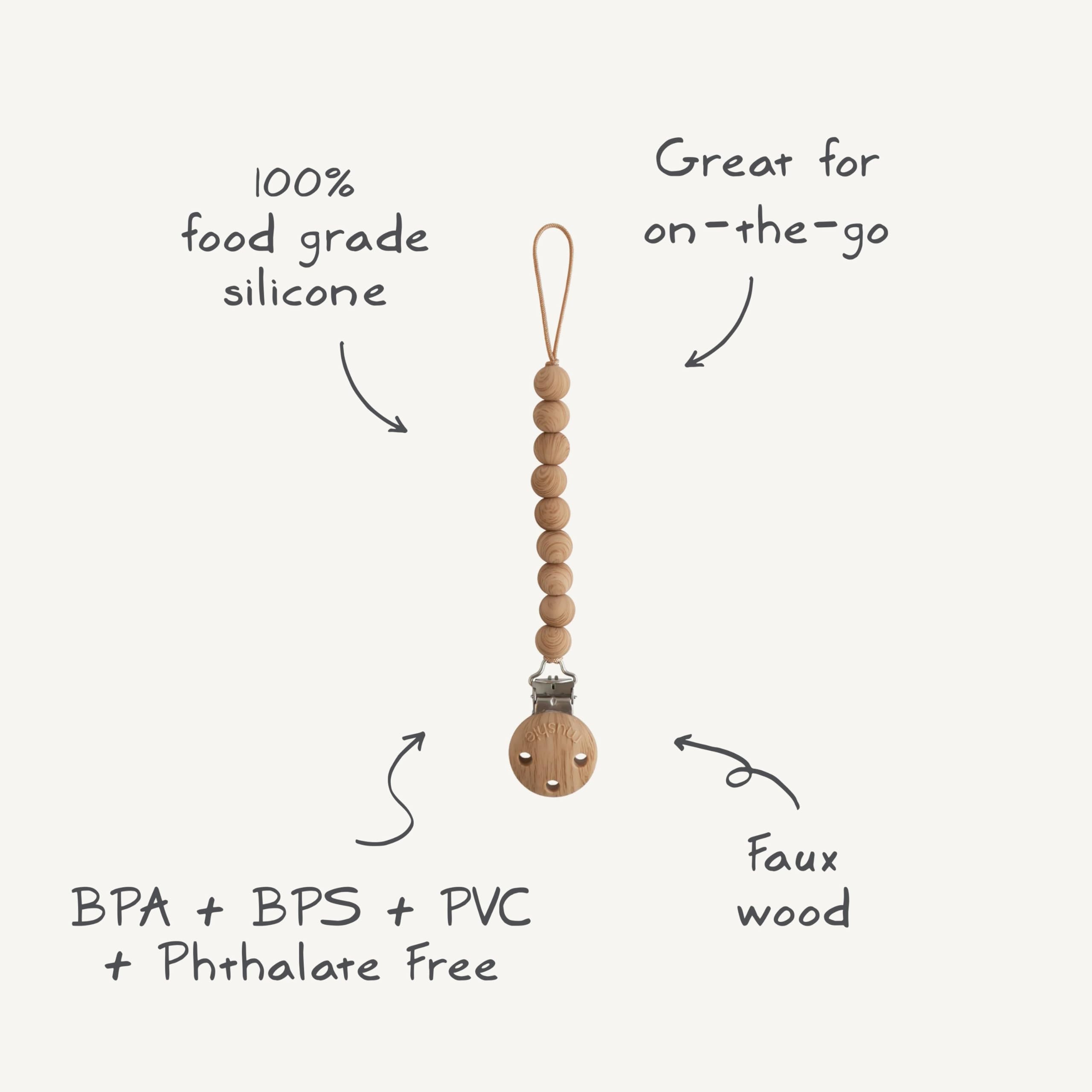 Mushie Hera clip helps reduce lost pacifiers by keeping them within reach.