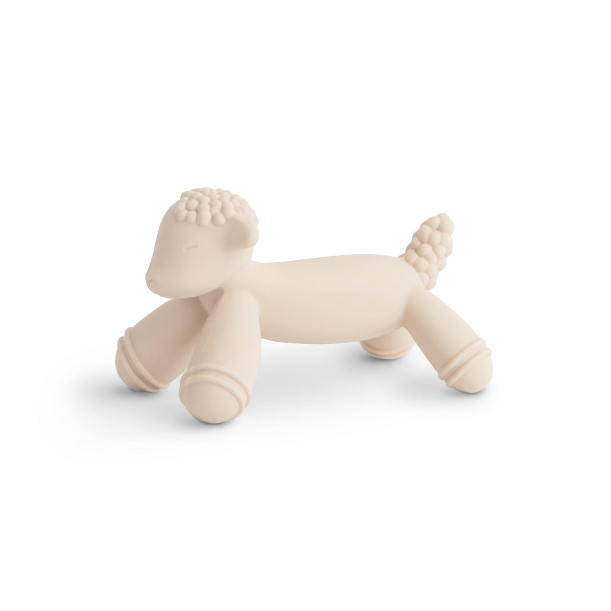 Mushie lamb teether close-up highlights soft silicone for tender gums