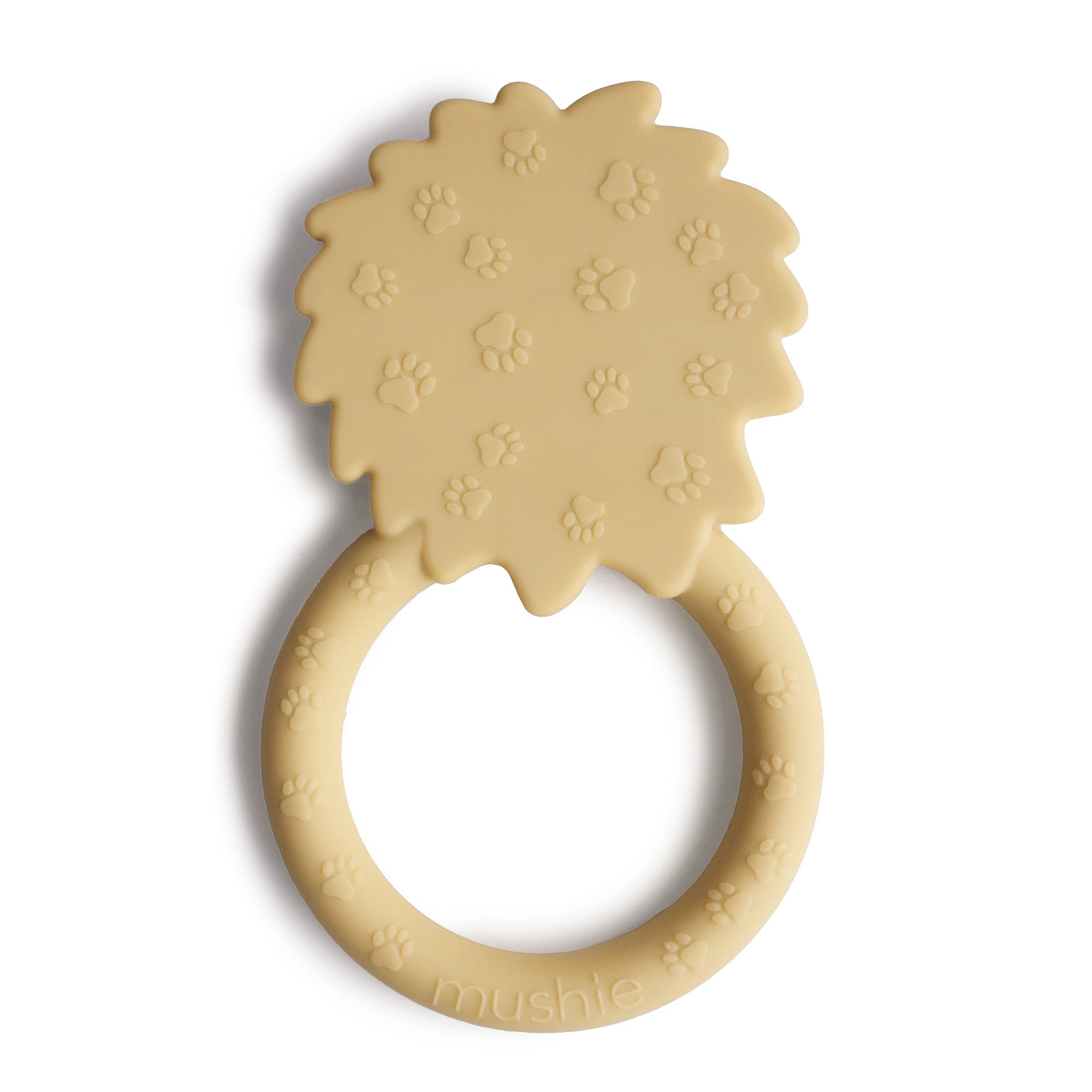Mushie Lion teether side view highlighting ergonomic handle for tiny hands.