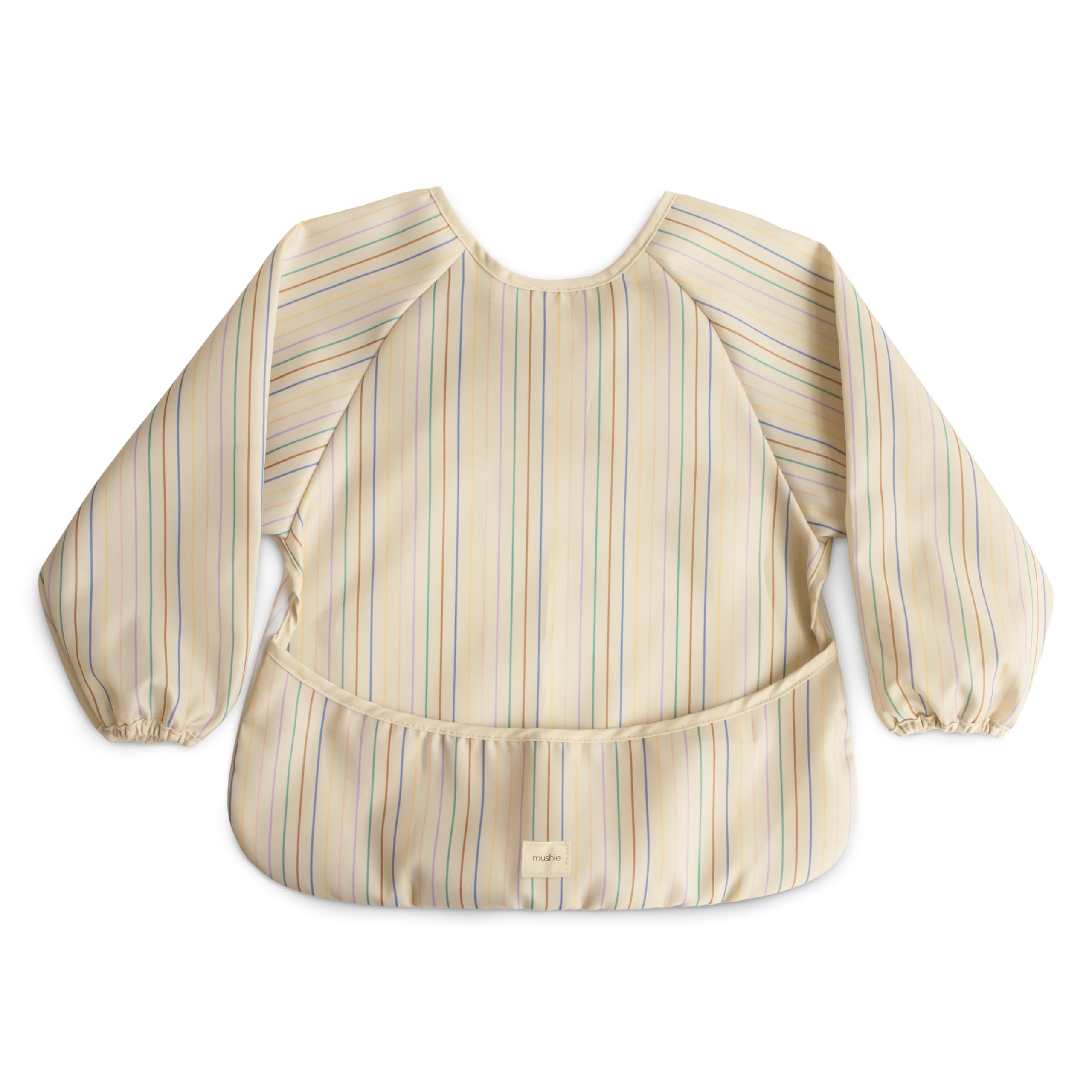 Mushie long sleeve bib front view in retro stripes protects outfits during meals
