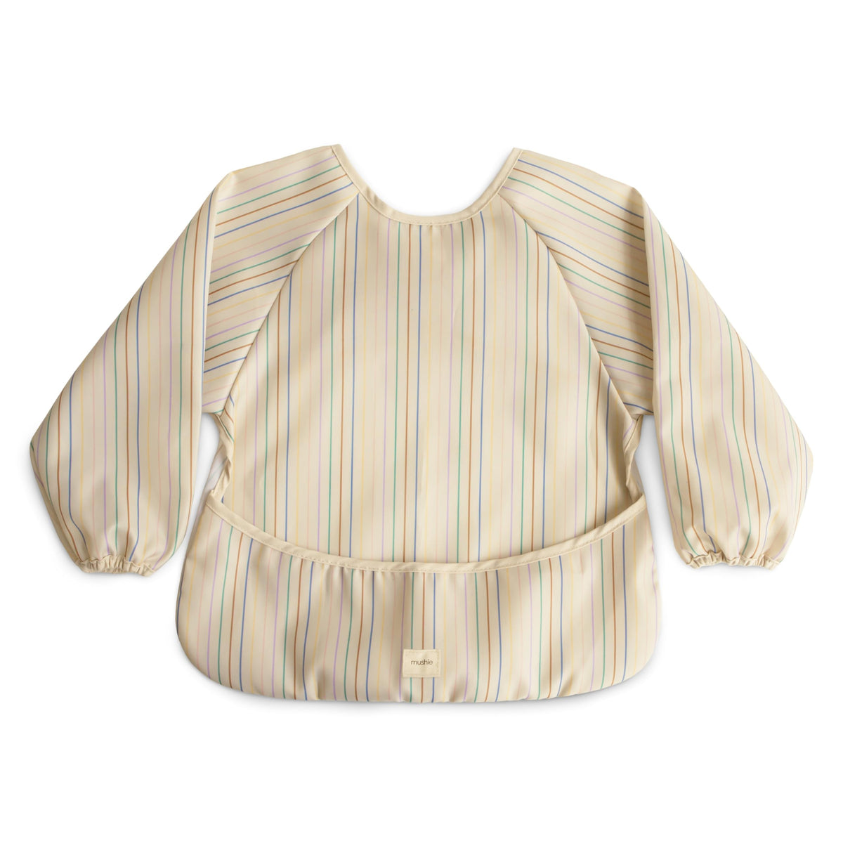 Mushie long sleeve bib front view in retro stripes protects outfits during meals