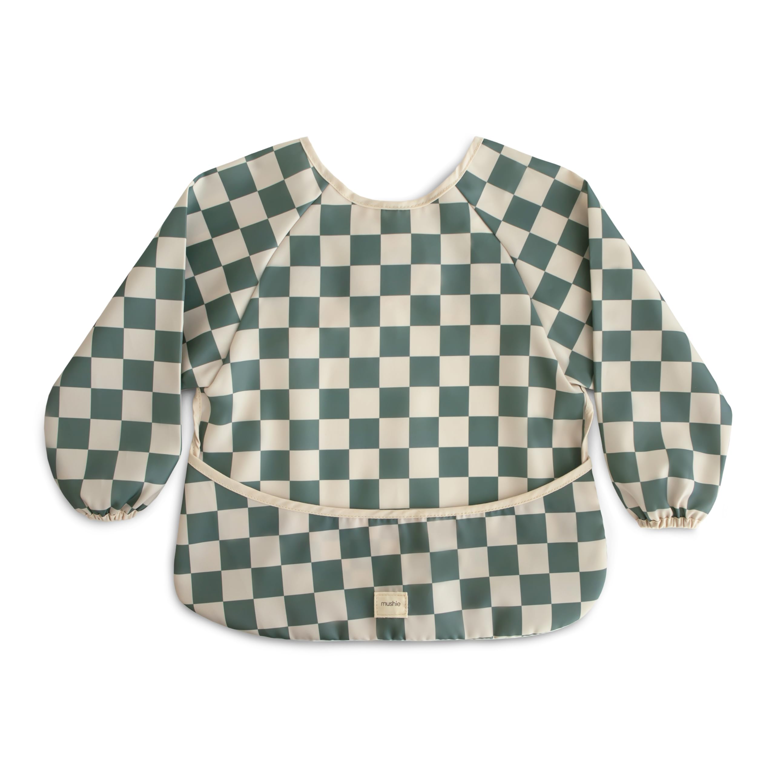 Mushie long sleeve bib Olive Check closeup shows water-resistant fabric for messier moments