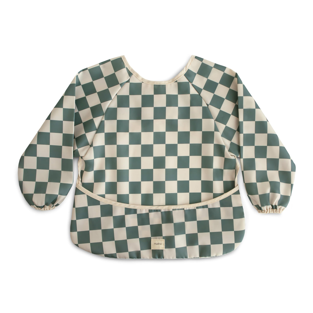 Mushie long sleeve bib Olive Check closeup shows water-resistant fabric for messier moments