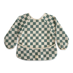 Mushie long sleeve bib Olive Check closeup shows water-resistant fabric for messier moments