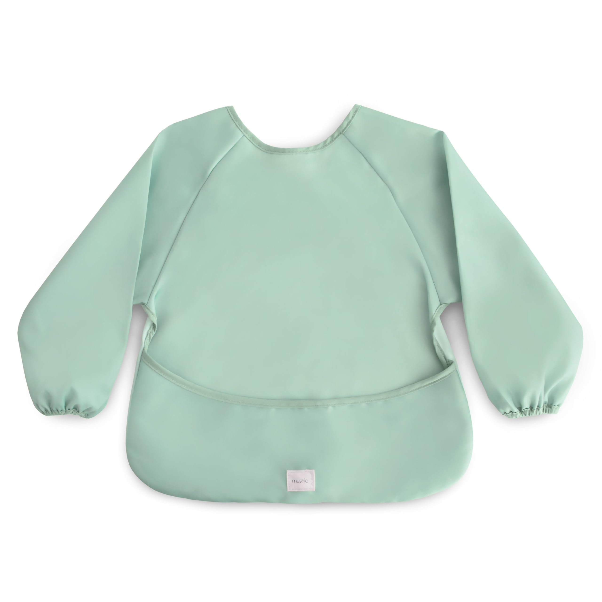 Mushie long sleeve bib in Roman Green with closeup stitching for durable meal protection