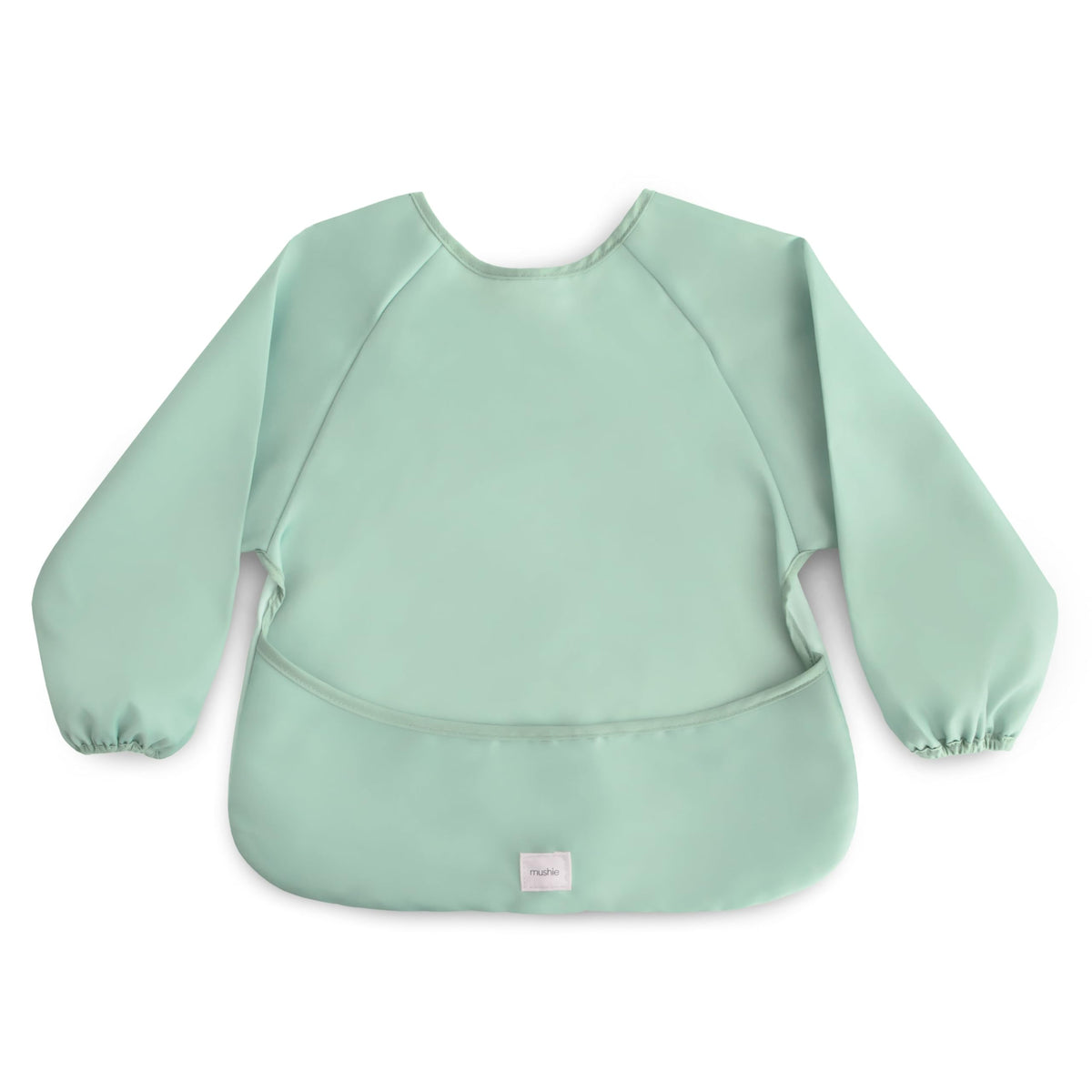 Mushie long sleeve bib in Roman Green with closeup stitching for durable meal protection