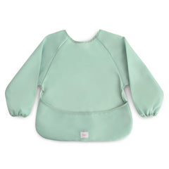 Mushie long sleeve bib in Roman Green with closeup stitching for durable meal protection