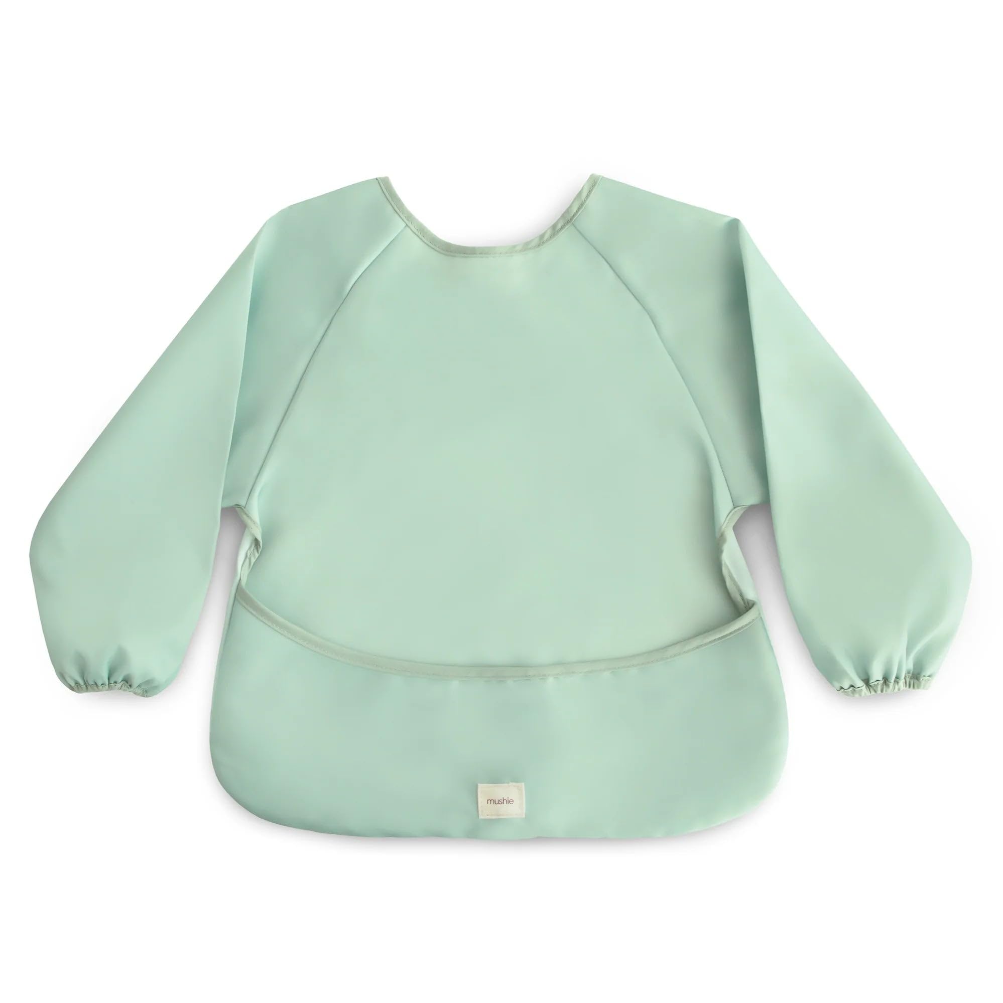 Mushie long sleeve bib in Roman Green features wipe-clean material for quick cleanup