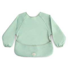 Mushie long sleeve bib in Roman Green features wipe-clean material for quick cleanup