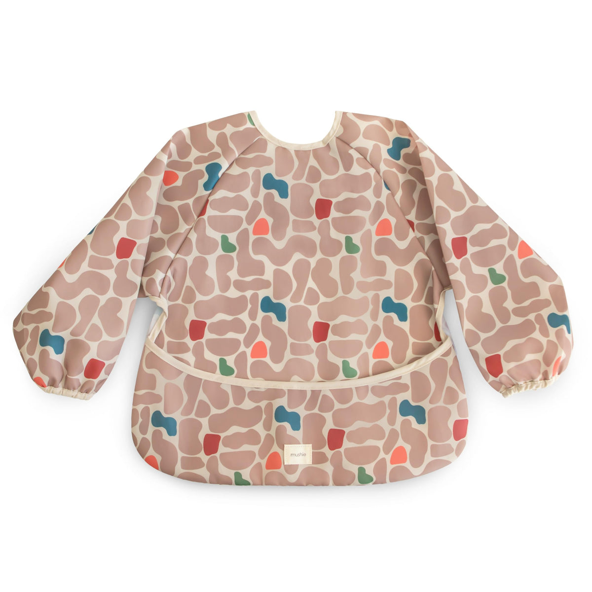 Mushie long sleeve bib water-resistant front view for mess-free meals