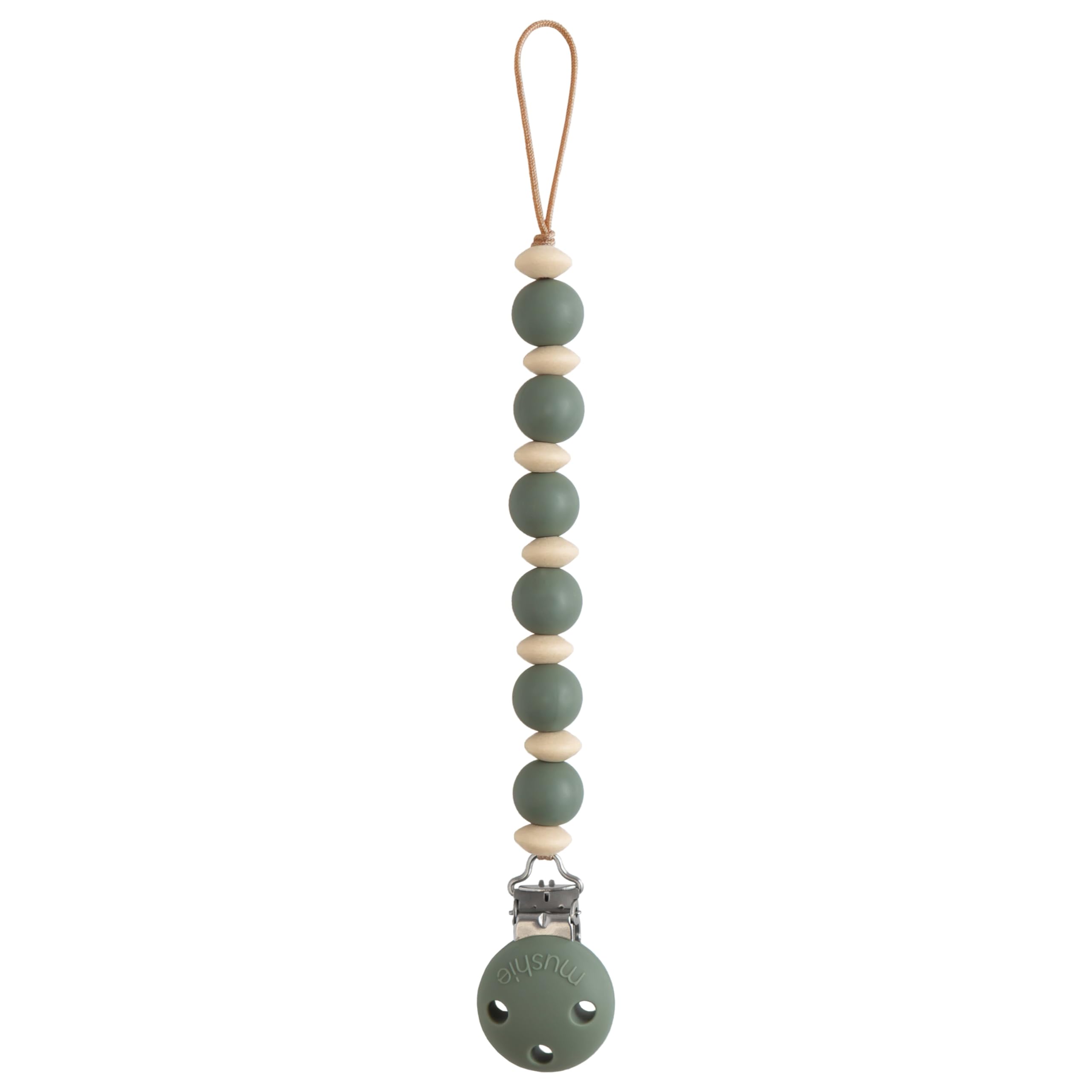 Mushie Luna pacifier clip with 9-inch silicone beads keeps pacifier handy