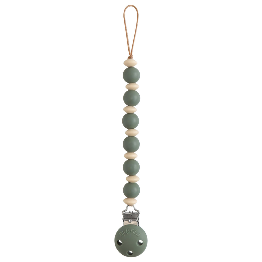 Mushie Luna pacifier clip with 9-inch silicone beads keeps pacifier handy