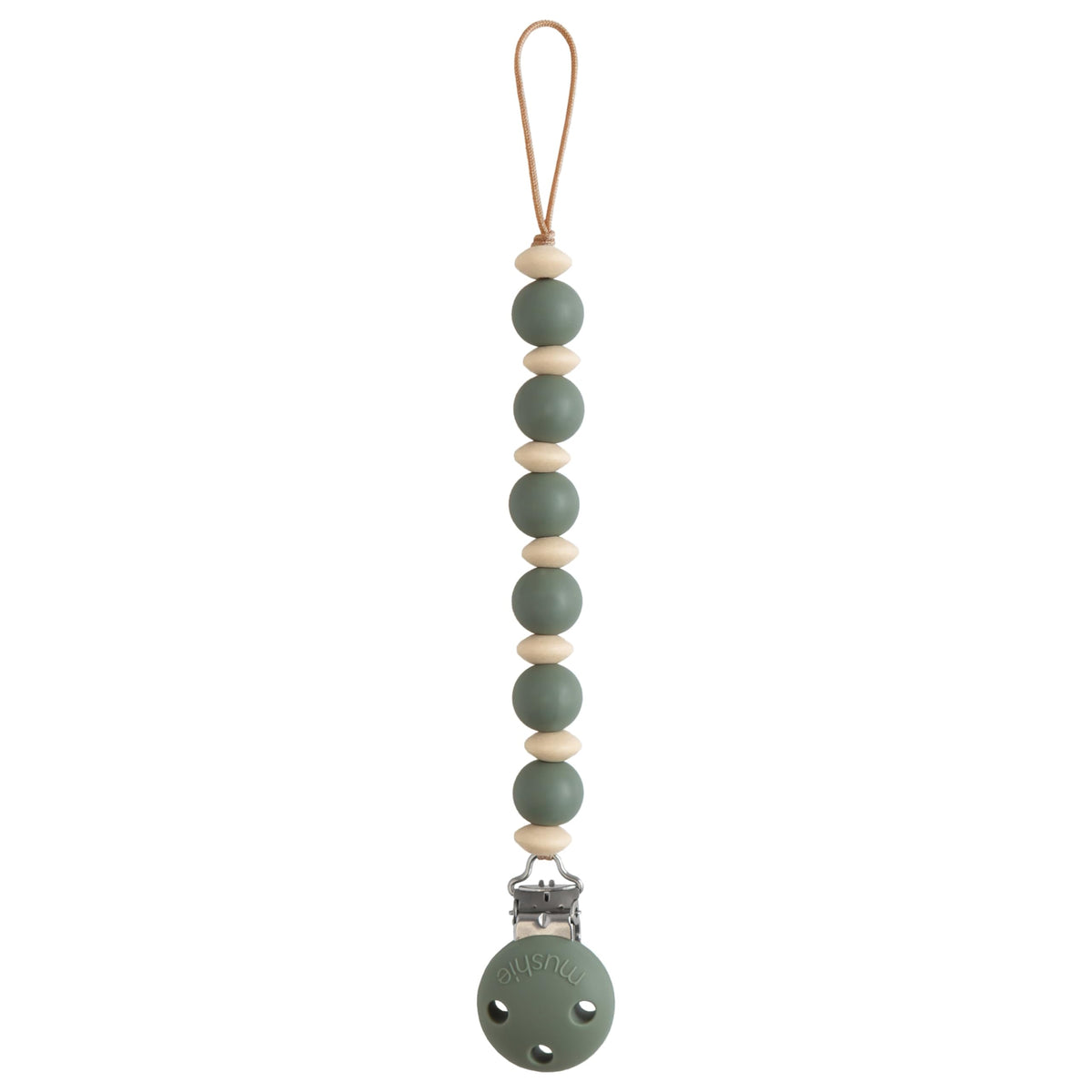 Mushie Luna pacifier clip with 9-inch silicone beads keeps pacifier handy