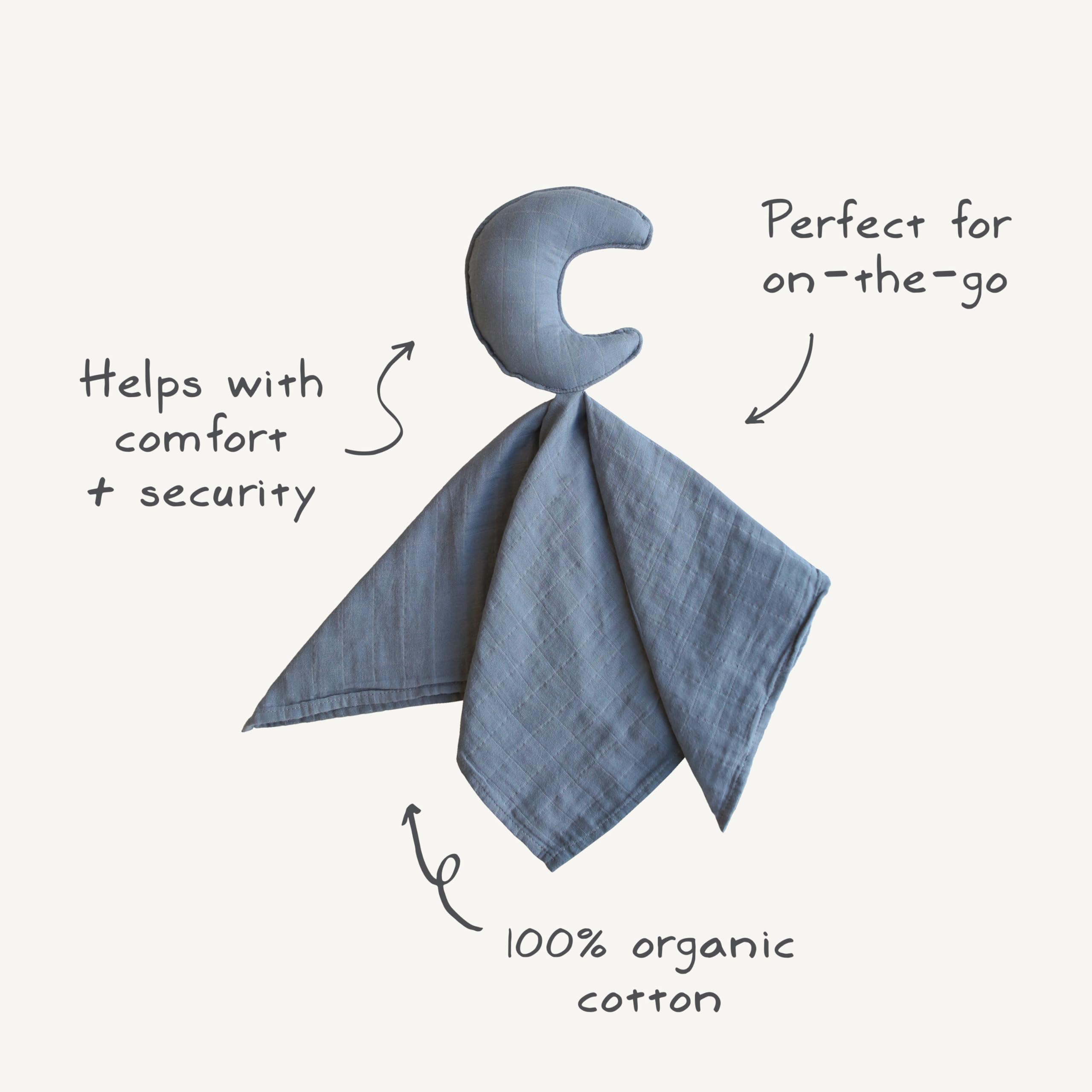 Mushie Moon Security Blanket care instructions show simple cold wash and air or tumble dry.