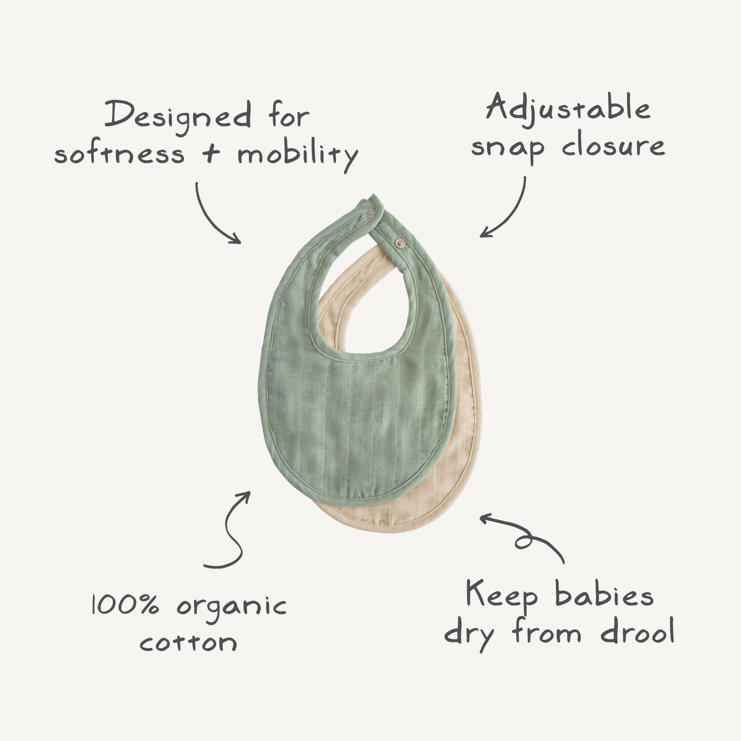 Mushie muslin bib snaps securely for a snug fit.