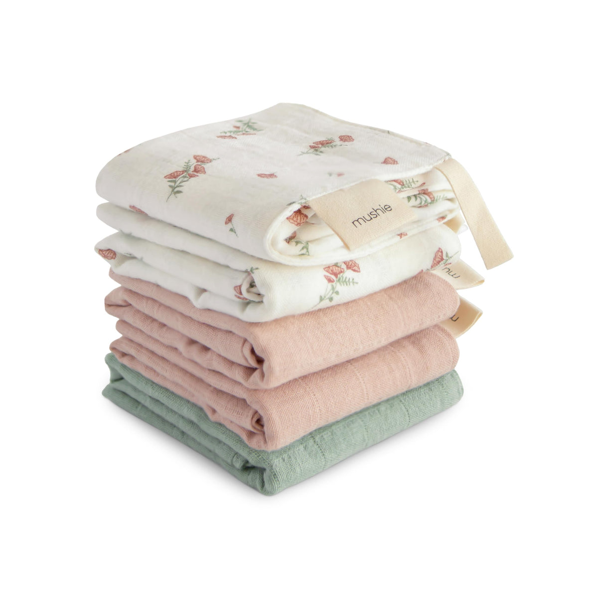 Mushie muslin washcloths with pink flowers design for gentle bath cleansing.