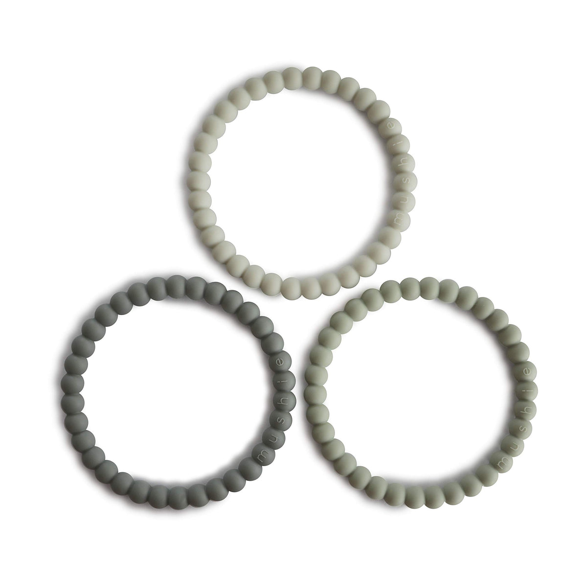 Mushie Pearl Teether Bracelet Green Tea — soft silicone beads.